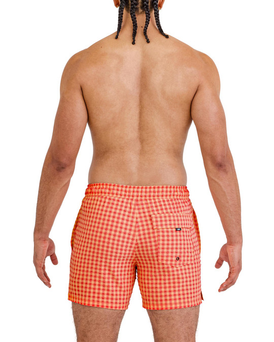 Saxx Oh Buoy 2N1 Volley Swim Short 5 Inch Peach Gingham SXSW03L | Rear View | Mens Swim Shorts | Topdrawers Swimwear for Men