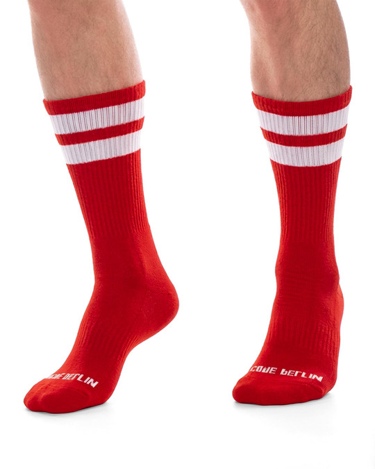 Barcode Berlin Gym Socks Red White 91366 | Front View | Mens Crew Socks | Topdrawers Apparel for Men