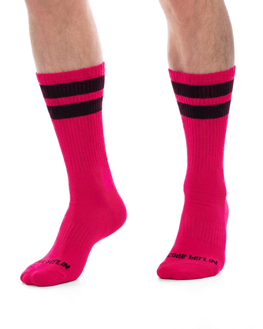 Barcode Berlin Gym Socks Pink Black 91366 | Front View | Mens Crew Socks | Topdrawers Apparel for Men