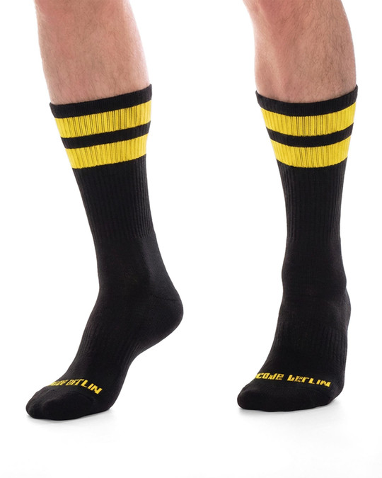 Barcode Berlin Gym Socks Black Yellow 91366 | Front View | Mens Crew Socks | Topdrawers Apparel for Men