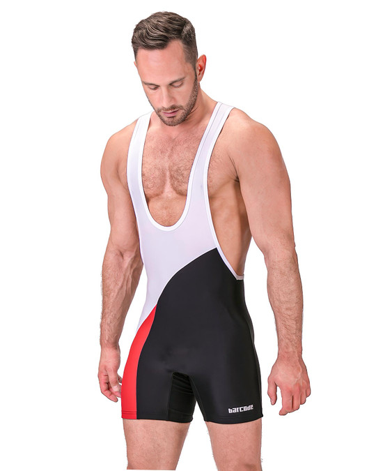 Barcode Berlin Luckenwalde Singlet White Red Black 91345 | Side View | Mens Wrestling Singlets | Topdrawers Underwear for Men