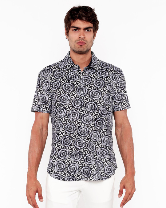 ST33LE Stretch Open Knit Short Sleeve Shirt Midnight Periwinkle Bursts ST-48072 | Front View | Mens Short Sleeve Shirts | Topdrawers Clothing for Men