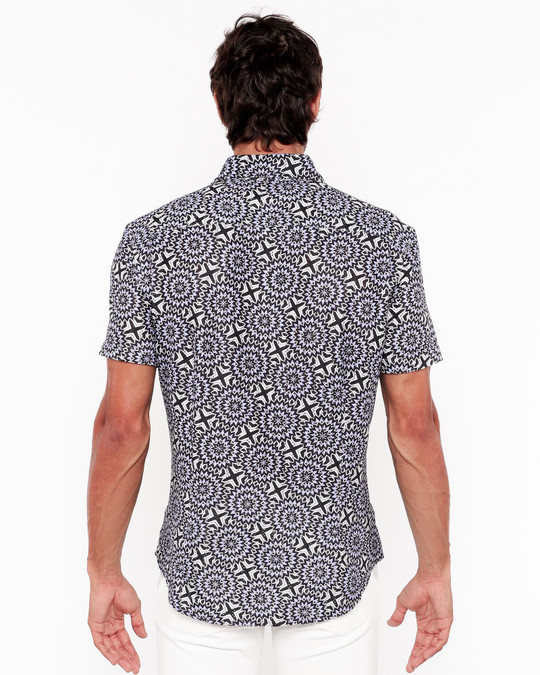 ST33LE Stretch Open Knit Short Sleeve Shirt Midnight Periwinkle Bursts ST-48072 | Rear View | Mens Short Sleeve Shirts | Topdrawers Clothing for Men