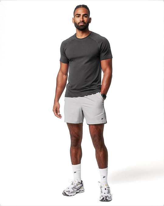Fabletics The 5-Inch Fundamental Short | Mineral Grey FLAP-MFB094 | Front View | Mens Athletic Shorts | Topdrawers Clothing for Men