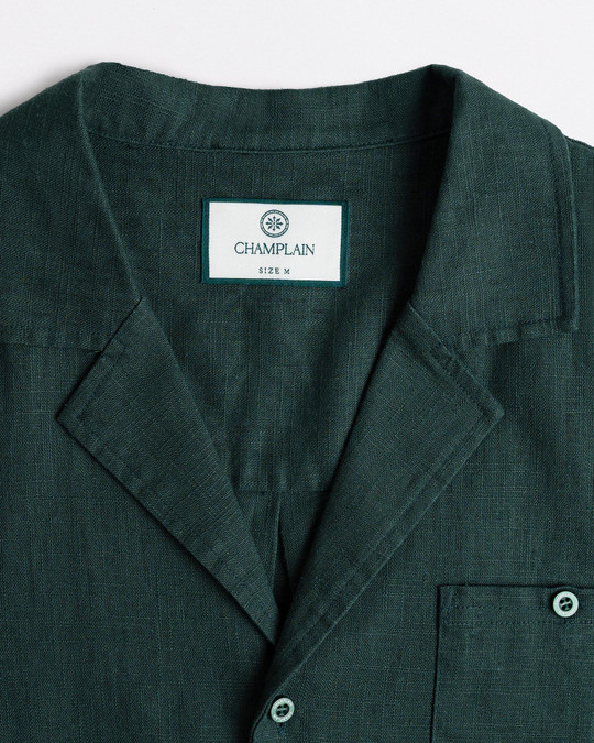 Champlain Linen Cuban Shirt Green CHP-003-SS26010-11 | Front View | Mens Short Sleeve Shirts | Topdrawers Clothing for Men