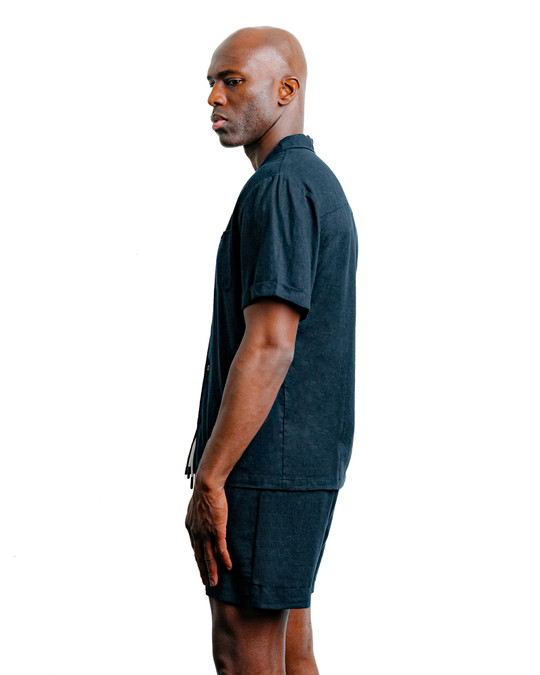 Champlain Linen Cuban Shirt Navy CHP-003-SS26004-01 | Side View | Mens Short Sleeve Shirts | Topdrawers Clothing for Men