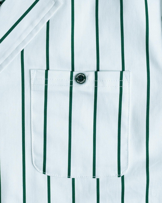 Champlain Striped Camp Collar Shirt White Green CHP-003-SS26013-04 | Front View | Mens Short Sleeve Shirts | Topdrawers Clothing for Men