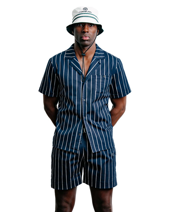 Champlain Striped Camp Collar Shirt Navy CHP-003-SS26009-01 | Front View | Mens Short Sleeve Shirts | Topdrawers Clothing for Men