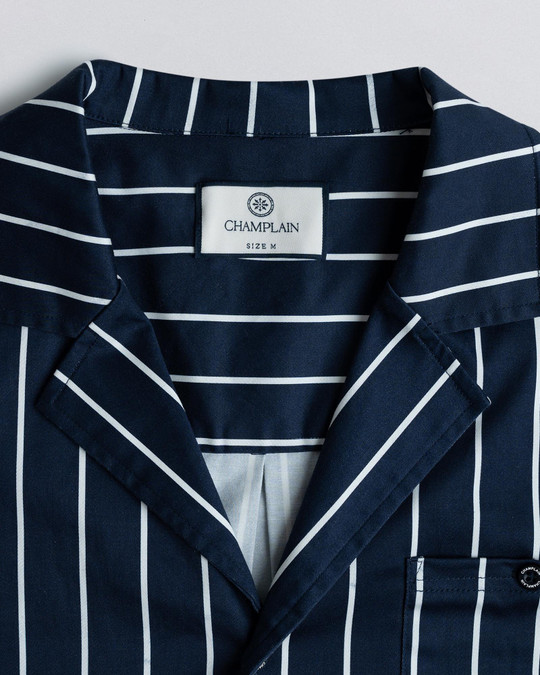 Champlain Striped Camp Collar Shirt Navy CHP-003-SS26009-01 | Front View | Mens Short Sleeve Shirts | Topdrawers Clothing for Men