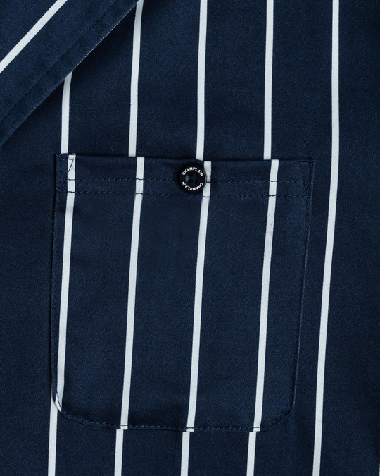 Champlain Striped Camp Collar Shirt Navy CHP-003-SS26009-01 | Front View | Mens Short Sleeve Shirts | Topdrawers Clothing for Men