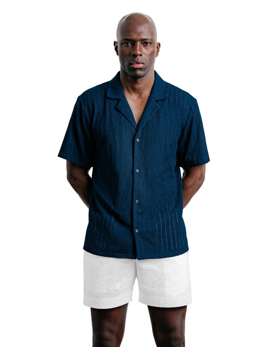 Champlain Poolside Camp Collar Shirt Navy CHP-003-SS26006-01 | Front View | Mens Short Sleeve Shirts | Topdrawers Clothing for Men