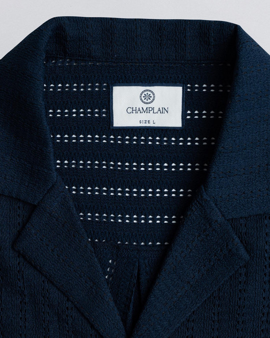 Champlain Poolside Camp Collar Shirt Navy CHP-003-SS26006-01 | Front View | Mens Short Sleeve Shirts | Topdrawers Clothing for Men