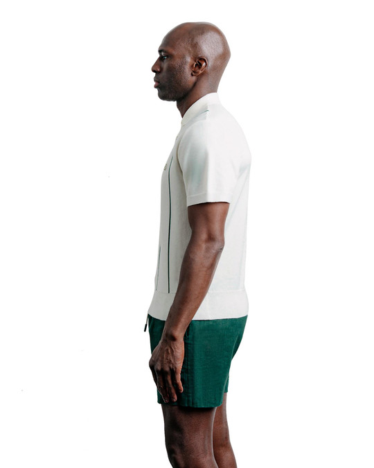 Champlain Vertical Stripe Knit Polo White Green CHP-002-SS26017-04 | Side View | Mens Polo Shirts | Topdrawers Clothing for Men