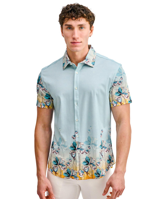 ST33LE Stretch Jersey Knit Short Sleeve Shirt Teal Ocean Floral ST-9352 | Front View | Mens Short Sleeve Shirts | Topdrawers Clothing for Men