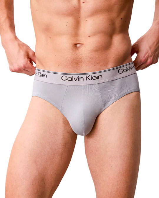 Calvin Klein 3-Pack Microfiber Stretch Hip Brief Gulf Blue Light Cast Peach Bliss NB4408G-3ZW | Front View | Mens Briefs | Topdrawers Underwear for Men