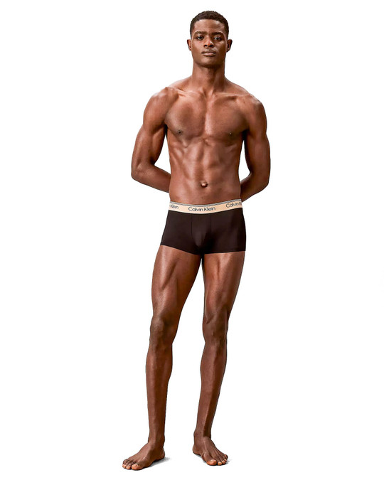 Calvin Klein 3-Pack Microfiber Stretch Low Rise Trunk Black Bodies  Gulf Blue Light Cast Peach Bliss NB4409G-3ZZ | Front View | Mens Boxer Briefs | Topdrawers Underwear for Men