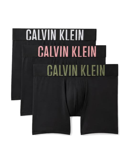 Calvin Klein 3-Pack Intense Power Microfiber Boxer Brief Black  White Sugar Pink Deep Lichen Green NB3612G-58O | Closeup View | Mens Boxer Briefs | Topdrawers Underwear for Men