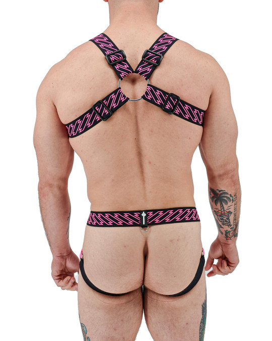 Breedwell Gagged Body Harness Neon Pink 2604-BDHARNESS | Rear View | Mens Fetish Elastic Harnesses | Topdrawers Underwear for Men