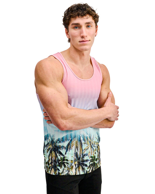 ST33LE Stretch Mesh Tank Blush Aqua Palms ST-11148 | Side View | Mens Tank Tops | Topdrawers Clothing for Men