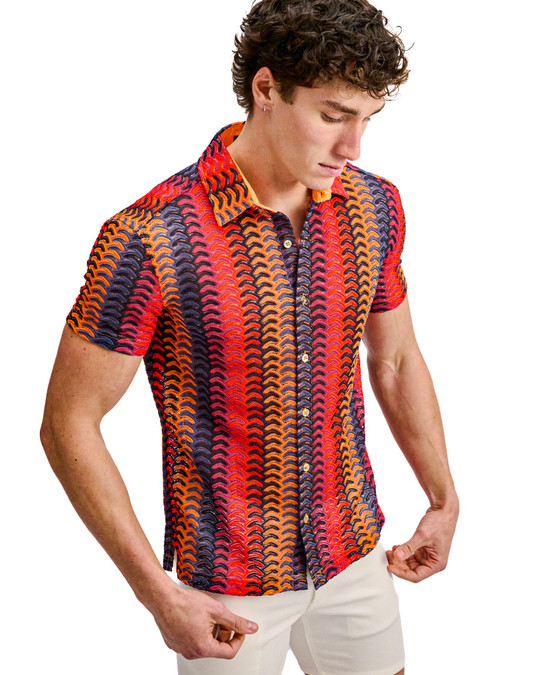 ST33LE Vertical Arrow Stripe Short Sleeve Shirt Navy Red ST-24072 | Side View | Mens Short Sleeve Shirts | Topdrawers Clothing for Men