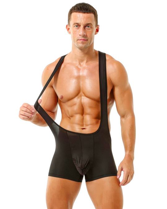 Spicy & Shiny Body Singlet Black SL12 | Front View | Mens Wrestling Singlets | Topdrawers Underwear for Men
