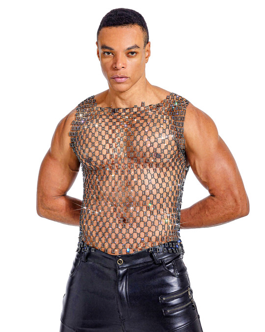 Spicy & Shiny Rhinestone Grid Open-Side Tank JS-007 | Front View | Mens Tank Tops | Topdrawers Clothing for Men