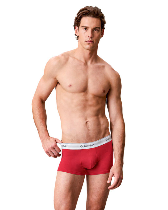 Calvin Klein 3-Pack Icon Cotton Stretch Low Rise Trunk Black Goji Berry Harbor Mist NB4564G-4MO | Front View | Mens Boxer Briefs | Topdrawers Underwear for Men