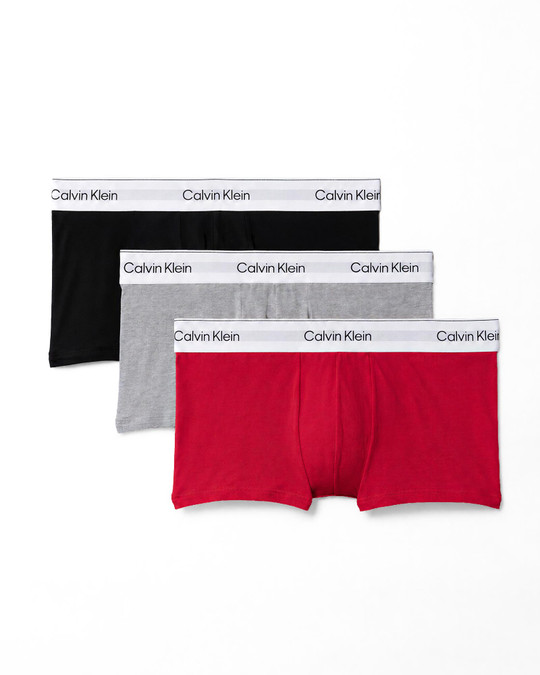 Calvin Klein 3-Pack Icon Cotton Stretch Low Rise Trunk Black Goji Berry Harbor Mist NB4564G-4MO | Item View | Mens Boxer Briefs | Topdrawers Underwear for Men