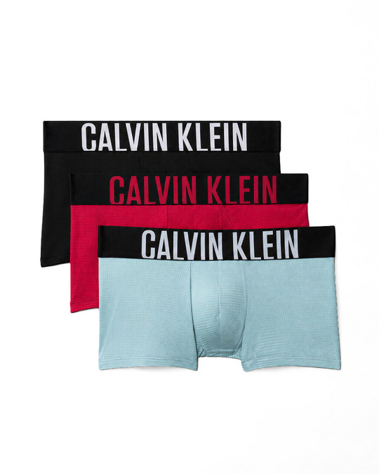 Calvin Klein 3-Pack Intense Power Microfiber Low Rise Trunk Black Goji Berry Aqua Blue NB3611G-6GM | Item View | Mens Boxer Briefs | Topdrawers Underwear for Men