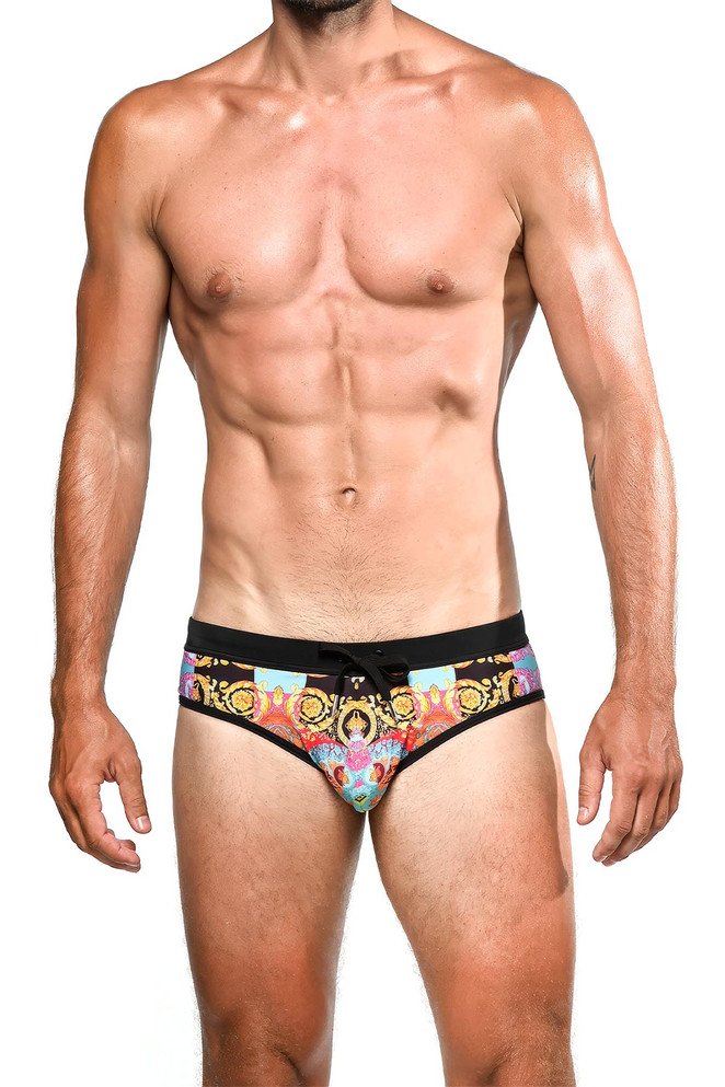 ST33LE Freestyle Swim Brief | Fuchsia/Turquoise Crowns | ST-8000-78  - Mens Swim Briefs - Front View - Topdrawers Swimwear for Men
