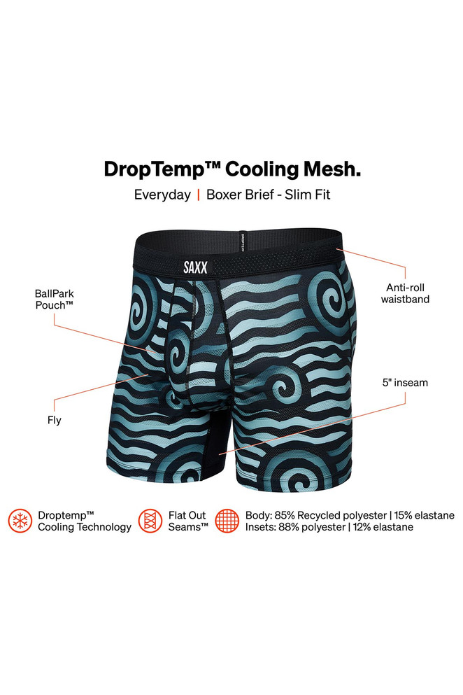 Saxx DropTemp Cooling Mesh Boxer Brief | Rip Tide Stripe Navy | SXBB09F-RPB  - Mens Boxer Briefs - Front View - Topdrawers Underwear for Men
