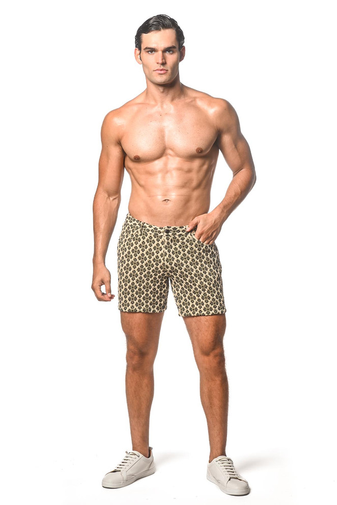 ST33LE Stretch Knit Jeans Shorts | Beige Black Floral ST-1932-62 | Front View | Mens Shorts | Topdrawers Clothing for Men