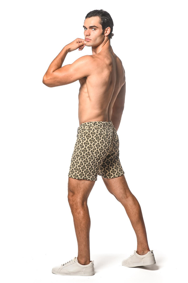 ST33LE Stretch Knit Jeans Shorts | Beige Black Floral ST-1932-62 | Side View | Mens Shorts | Topdrawers Clothing for Men
