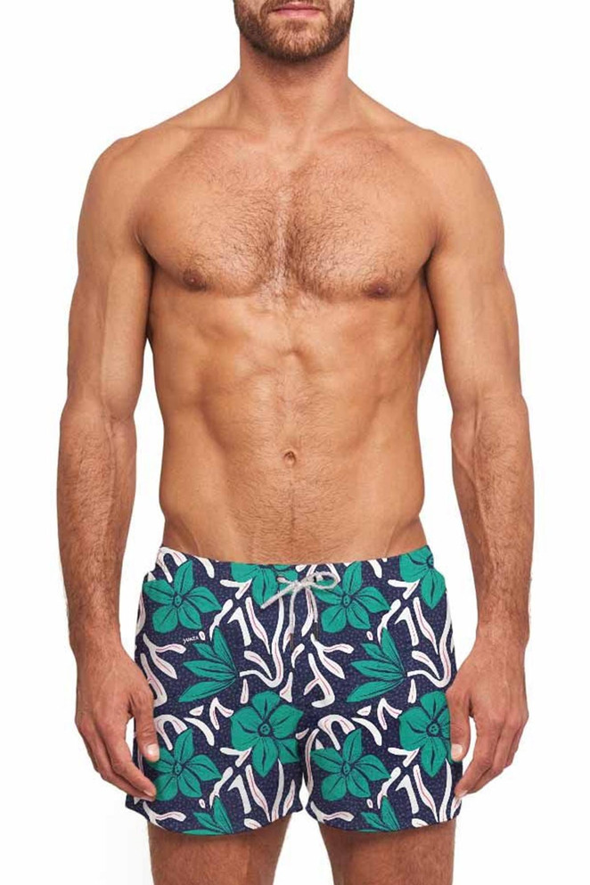 YUASA Swim Short | Flower Fields Green Blue YT-102-156 | Front View | Mens Swim Shorts | Topdrawers Swimwear for Men