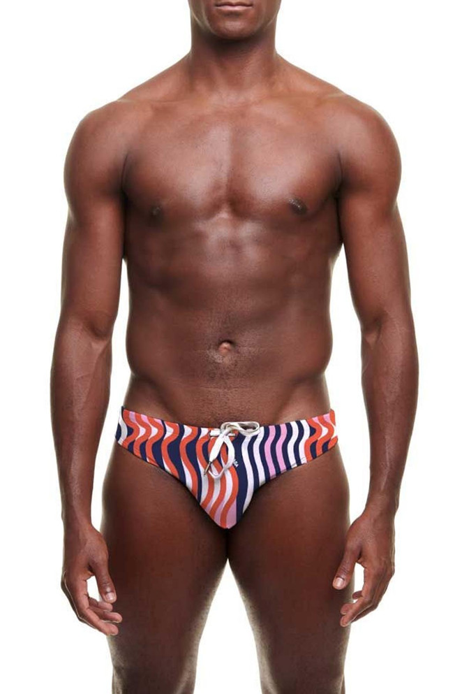 YUASA Slim Swim Brief | Bixi Wave Red YT-124-159 | Front View | Mens Swim Briefs | Topdrawers Swimwear for Men