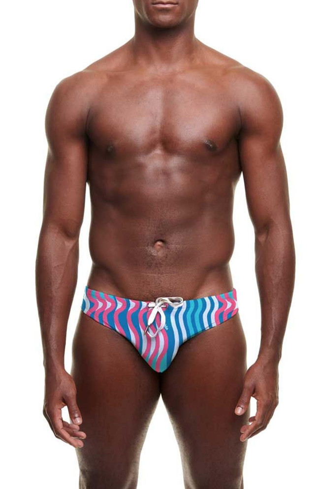 YUASA Slim Swim Brief | Bixi Wave Pink Blue YT-124-160 | Front View | Mens Swim Briefs | Topdrawers Swimwear for Men