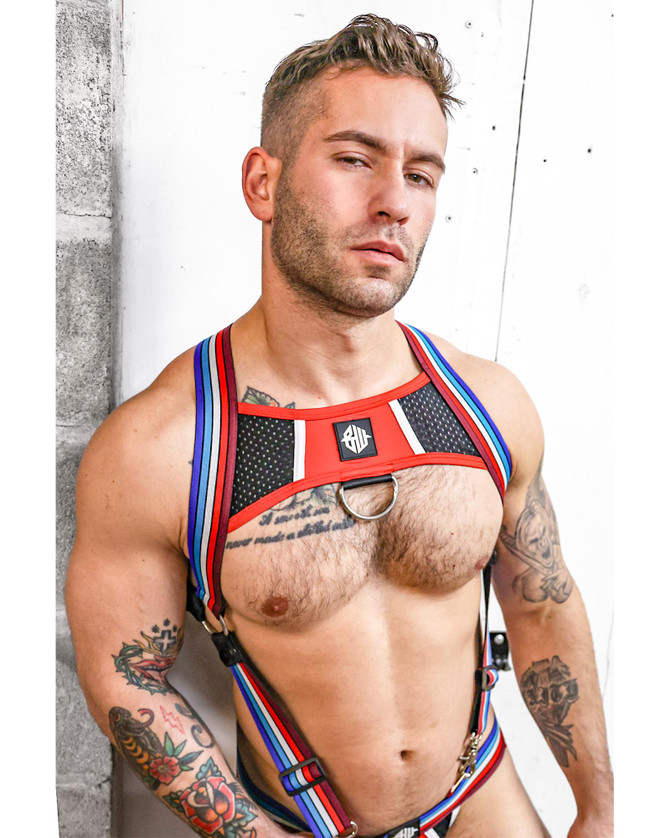 Breedwell Retro Remix Harness | Red 2502-HARNESS | Side View | Mens Fetish Elastic Harnesses | Topdrawers Underwear for Men