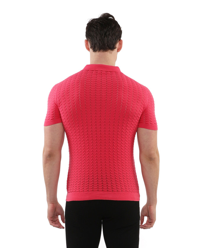 Postmarc Textured Chevron Knit Polo | Coral Reef PM-16236 | Rear View | Mens Polo Shirts | Topdrawers Clothing for Men