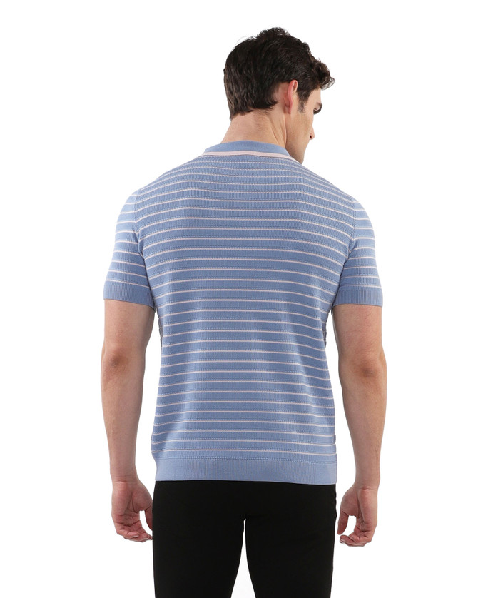 Postmarc Open Collar Textured Stripe Silk Tencel Knit Polo | Slate Pink PM-16314 | Rear View | Mens Polo Shirts | Topdrawers Clothing for Men
