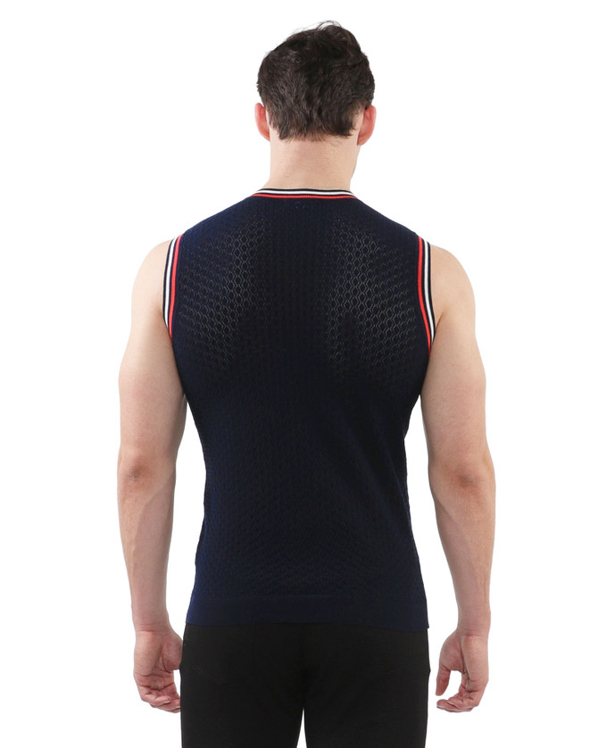 ST33LE Textured Open Mesh Knitted Vest | Navy ST-24058 | Rear View | Mens Casual Tops | Topdrawers Clothing for Men