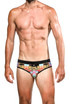 ST33LE Freestyle Swim Brief | Fuchsia/Turquoise Crowns | ST-8000-78  - Mens Swim Briefs - Front View - Topdrawers Swimwear for Men
