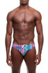 YUASA Slim Swim Brief | Bixi Wave Pink Blue YT-124-160 | Front View | Mens Swim Briefs | Topdrawers Swimwear for Men