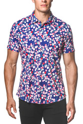 ST33LE Stretch Jersey Knit Short Sleeve Shirt | Navy/Blush Blossoms | ST-9270  - Mens Short Sleeve Shirts - Front View - Topdrawers Clothing for Men
