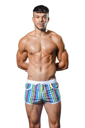 Andrew Christian California Stripe Swim Trunk | 70096  - Mens Swim Trunks - Front View - Topdrawers Swimwear for Men
