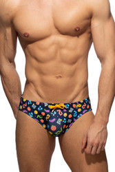 Addicted Emoji Swim Brief | Navy | ADS325-09  - Mens Swim Briefs - Front View - Topdrawers Swimwear for Men
