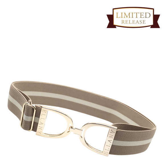 Ellany™ Elastic Belt 1.5" Taupe & Cream with Gold Stirrup