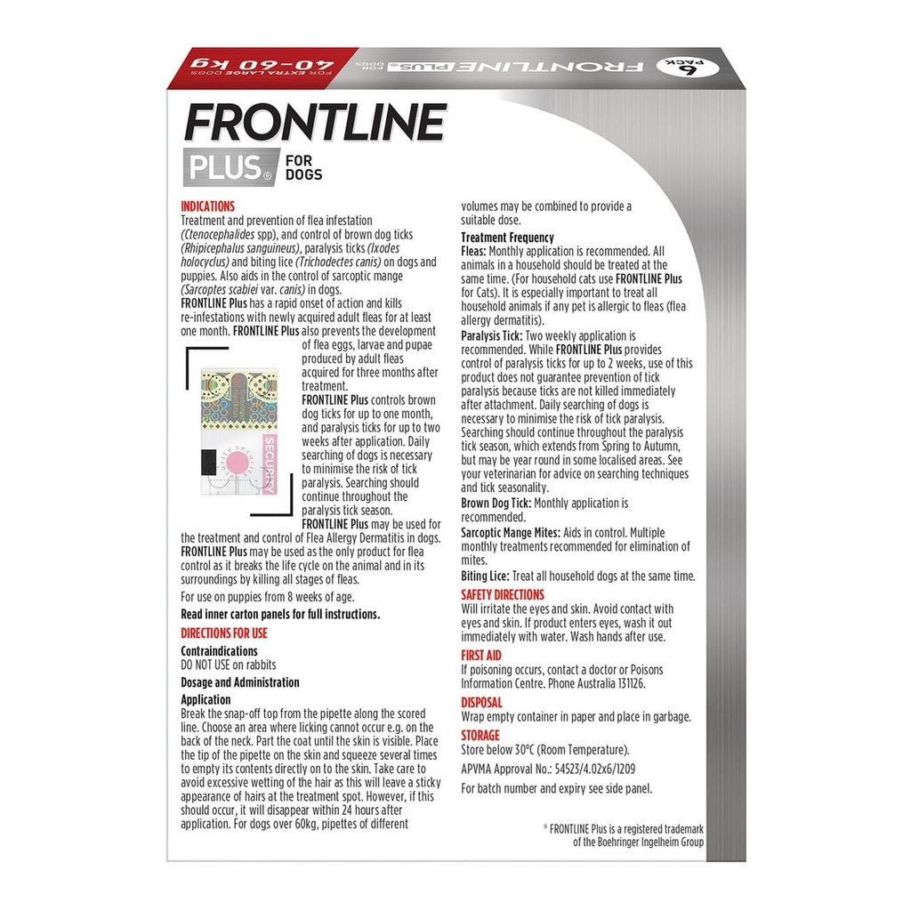 Frontline Plus for Extra Large Dogs 40-60kg, 6 pack, flea and tick treatment for pets.