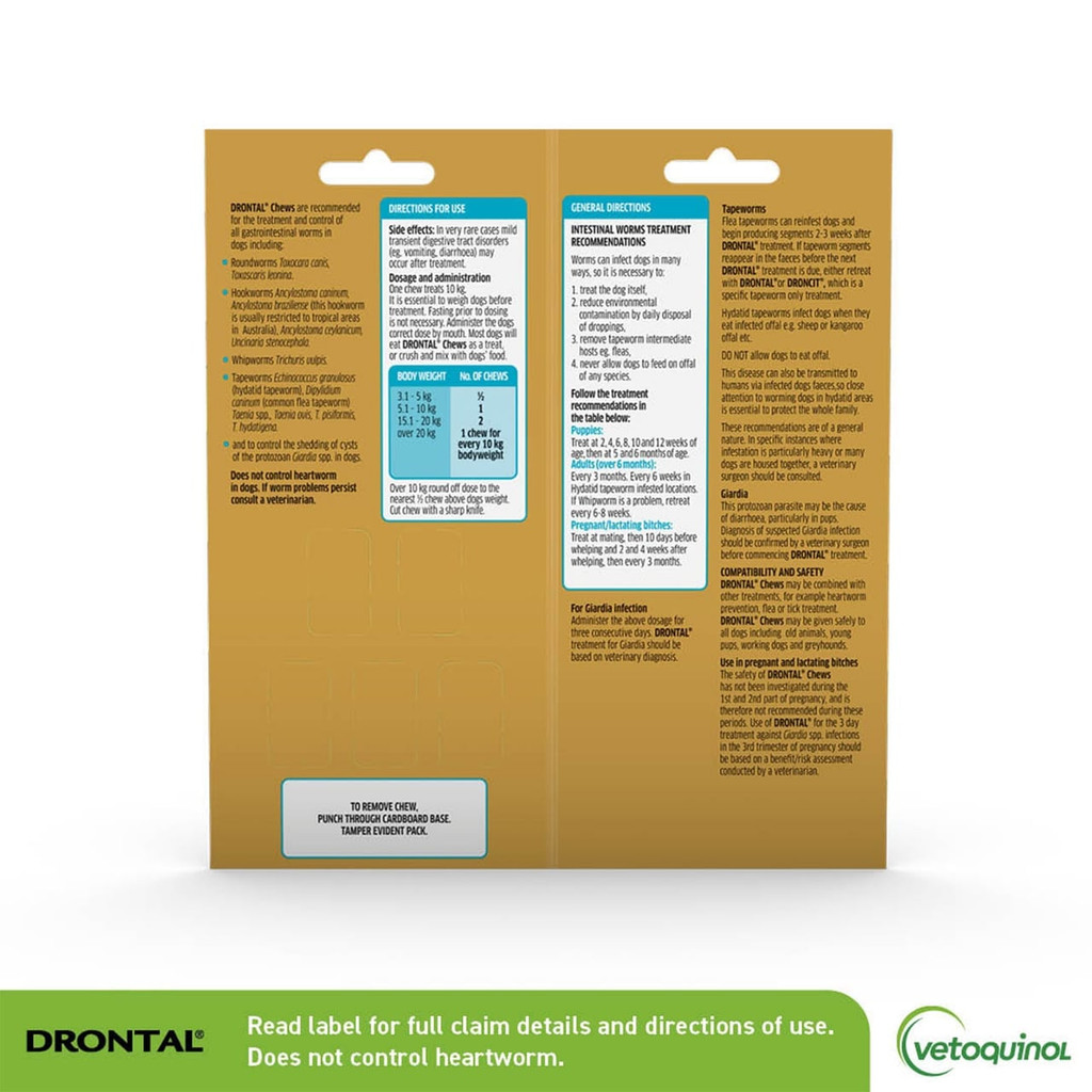 Drontal Allwormer Chews for Dogs up to 10 kg, 5 pack, with dosage instructions and packaging details.