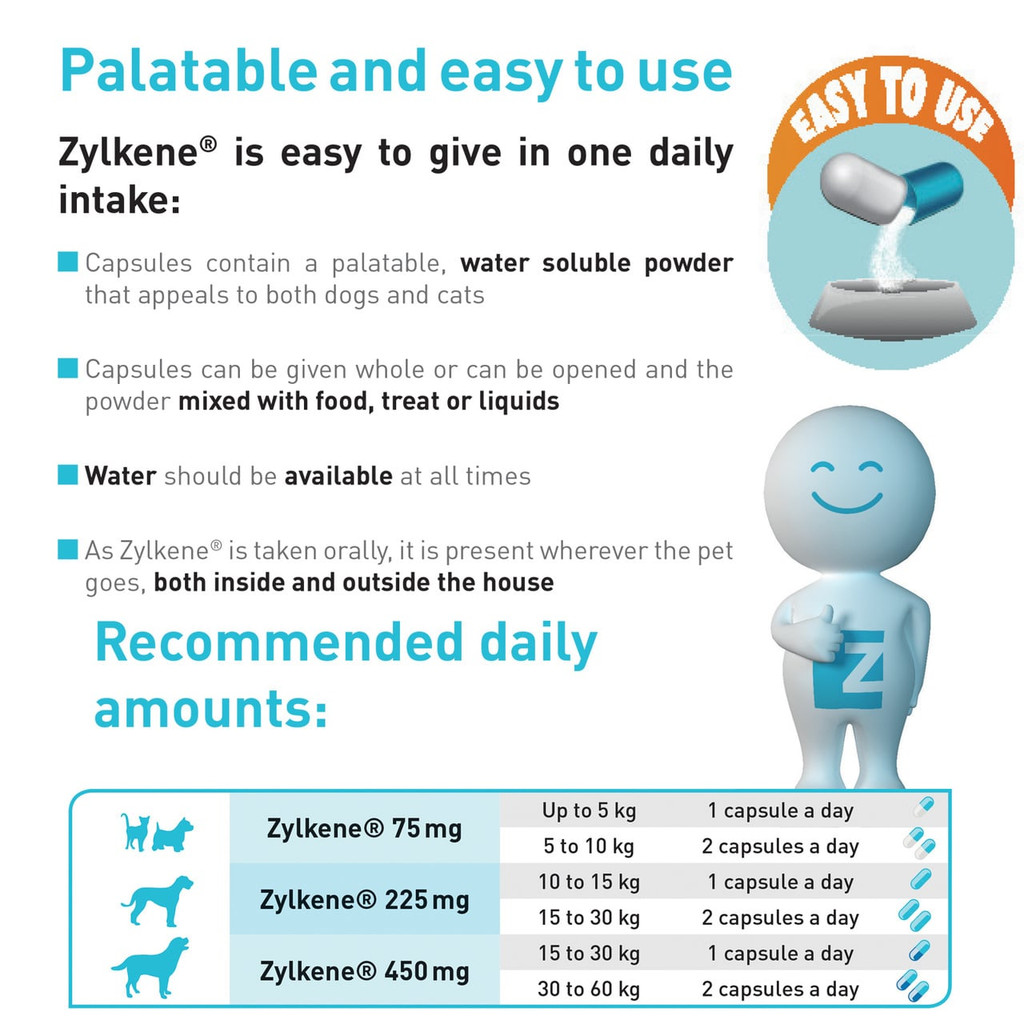 Zylkene Calming Supplement 450mg for dogs 15-60kg in 30 easy-to-use capsules.