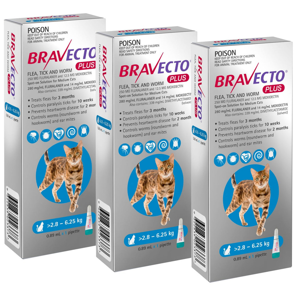 Bravecto PLUS for Cats, 3 doses, treats fleas, ticks, and worms for 2.8-6.25 kg.